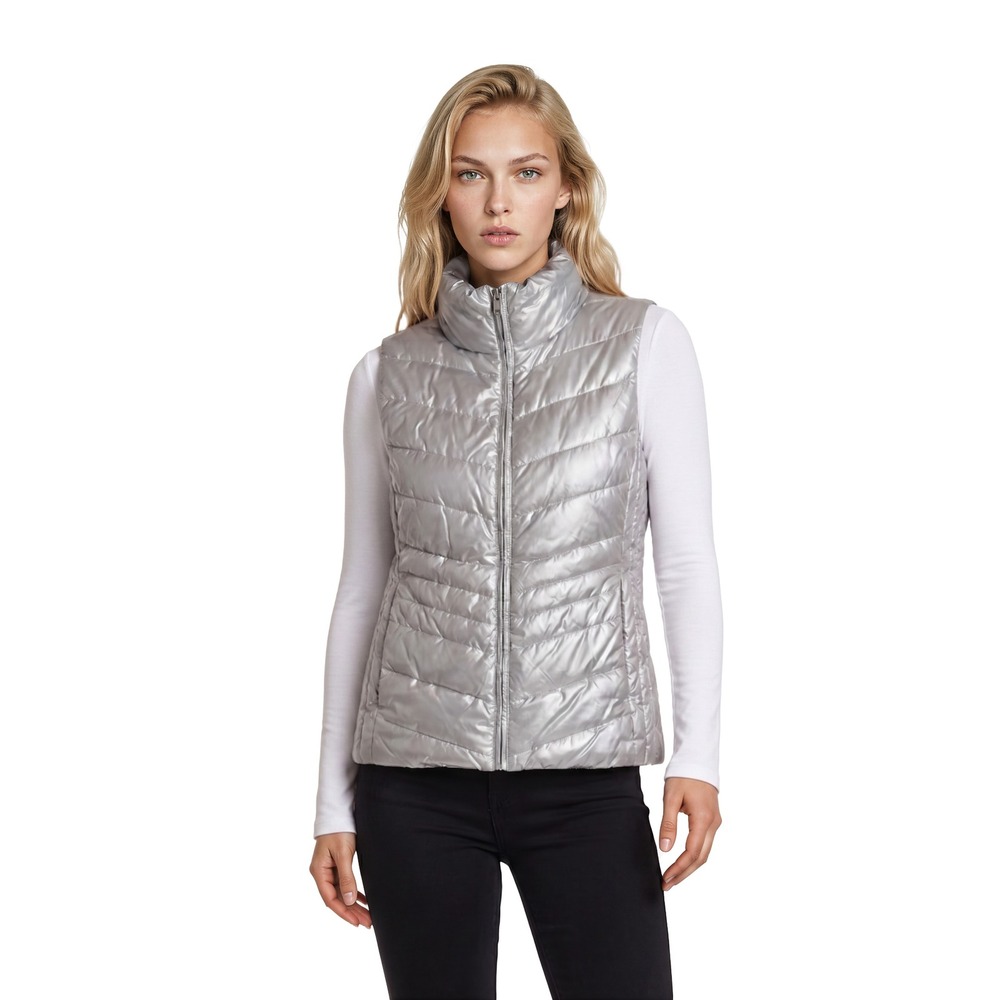 Talbots‎ Down Puffer Vest Women's Size Large Silver Metallic Chevron Quilted Zip